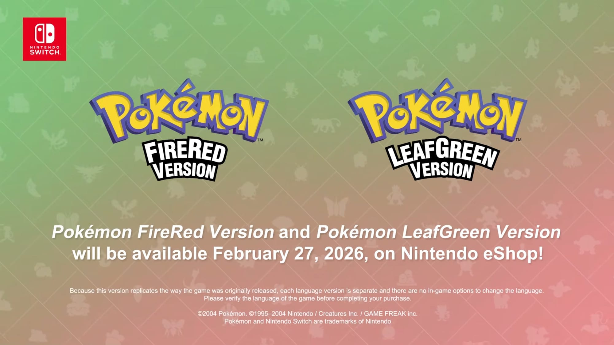 Pokémon FireRed and LeafGreen Available on Nintendo Switch on 27th February, 2026 (UPDATED)